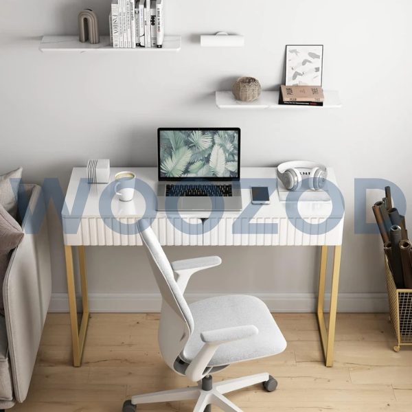 Woozod BRU White Vanity Desk with Wave Carving Drawers - Image 3