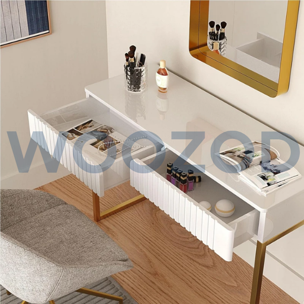 Woozod BRU White Vanity Desk with Wave Carving Drawers - Image 5