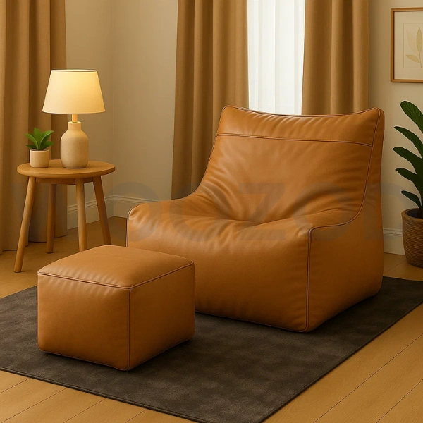 Woozod Executive Leather Bean Bag Sofa with Stool - Image 2