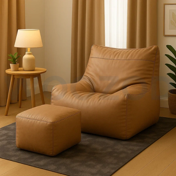 Woozod Executive Leather Bean Bag Sofa with Stool - Image 3