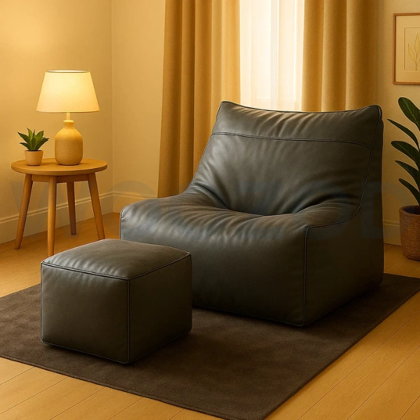 Woozod Executive Leather Bean Bag Sofa with Stool - Image 4