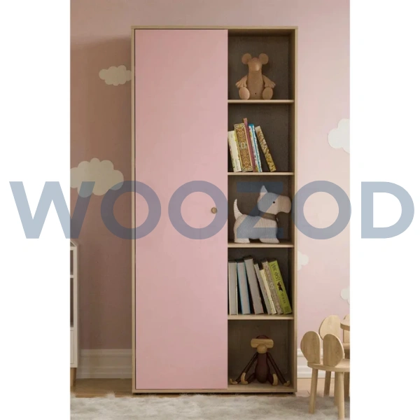 Woozod Henlo Oak Brown & Pink Single Door Kids Wardrobe