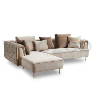Woozod Luxe Beige Velvet Sectional Sofa with Gold Accents