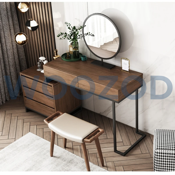Woozod MUSE Walnut Brown Modern Vanity Table with Powder-Coated Black Metallic Base - Image 2