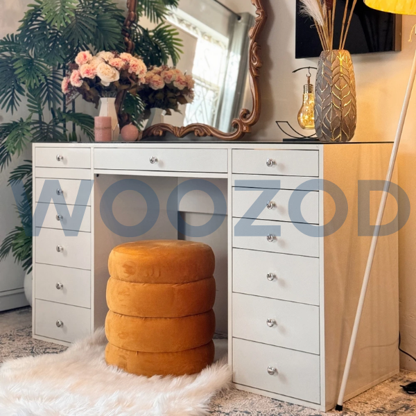 Woozod TRENDY White Dressing Table with Glass Top - Image 8