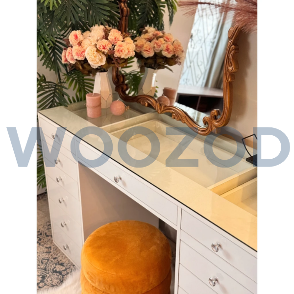 Woozod TRENDY White Dressing Table with Glass Top - Image 9