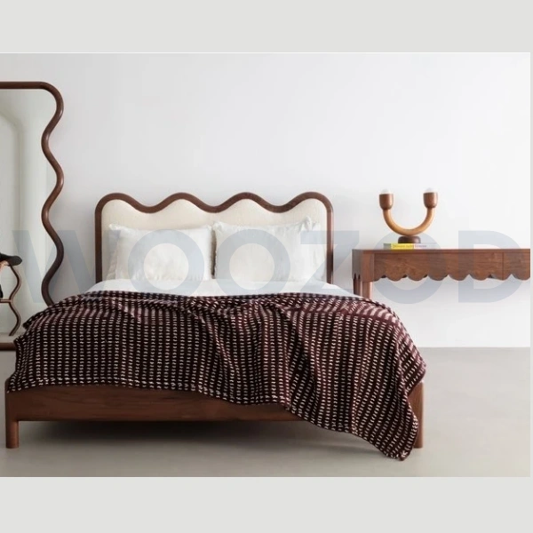 Woozod WAVES - Walnut Brown Scalloped Queen Size Bed