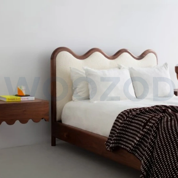 Woozod WAVES - Walnut Brown Scalloped Queen Size Bed - Image 2