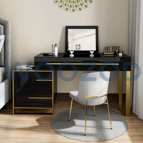 Woozod Wide Vanity with Mirror Wooden Dressing Table - Image 3